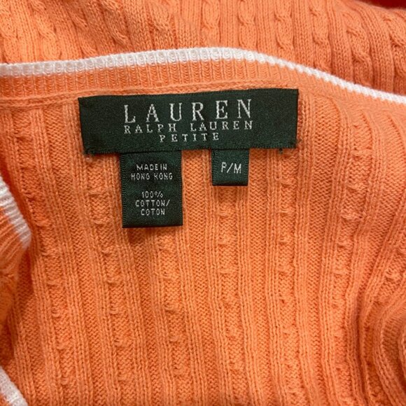 PREPPY COQUETTE CABLE KNIT SWEATER RALPH LAUREN 100% COTTON V NECK SZ PM CORAL - Picture 2 of 16